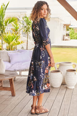 JAASE - Eve Midi Dress: V Neck Tiered Dress with Option Waist Tie in Indigo Print