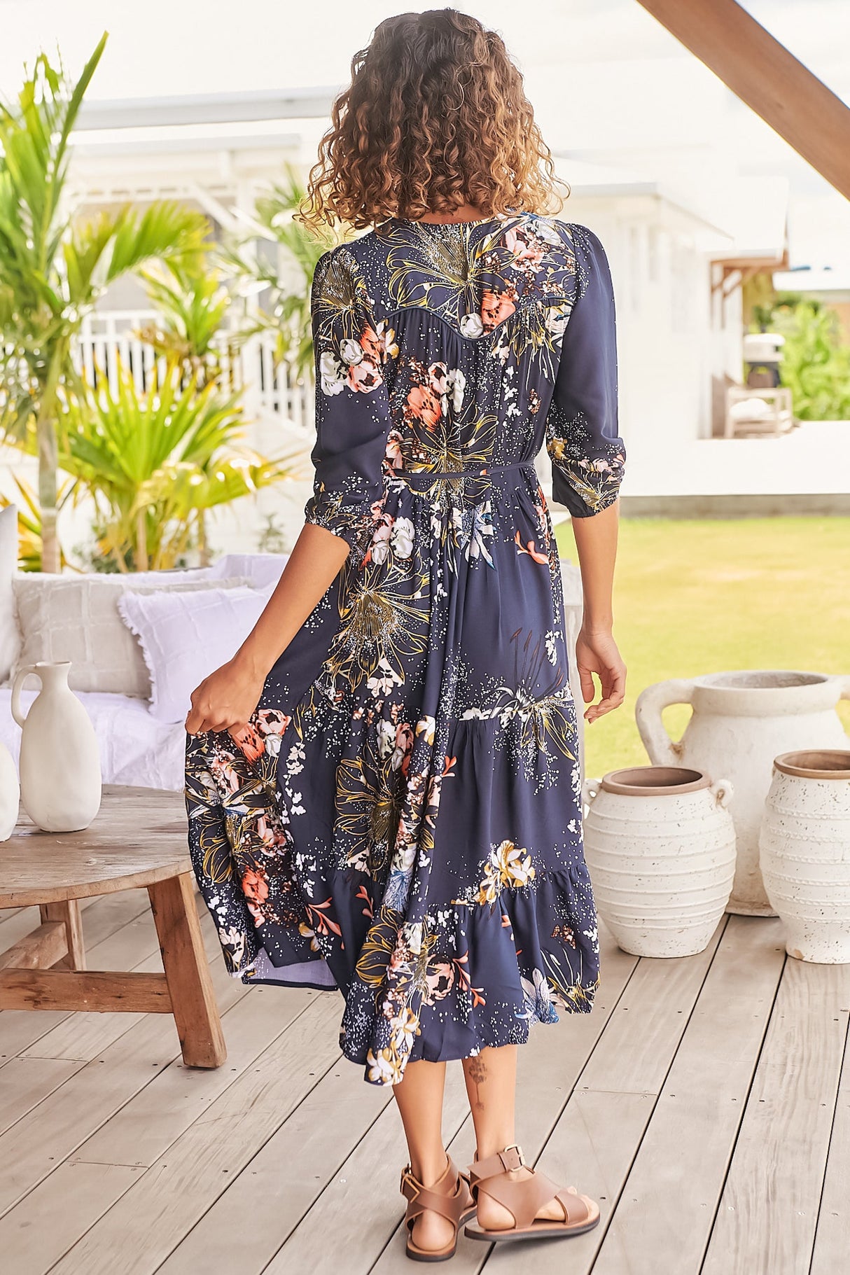 Eve Midi Dress - V Neck Tiered Dress with Optional Waist Tie in Indigo Print