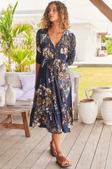 JAASE - Eve Midi Dress: V Neck Tiered Dress with Option Waist Tie in Indigo Print