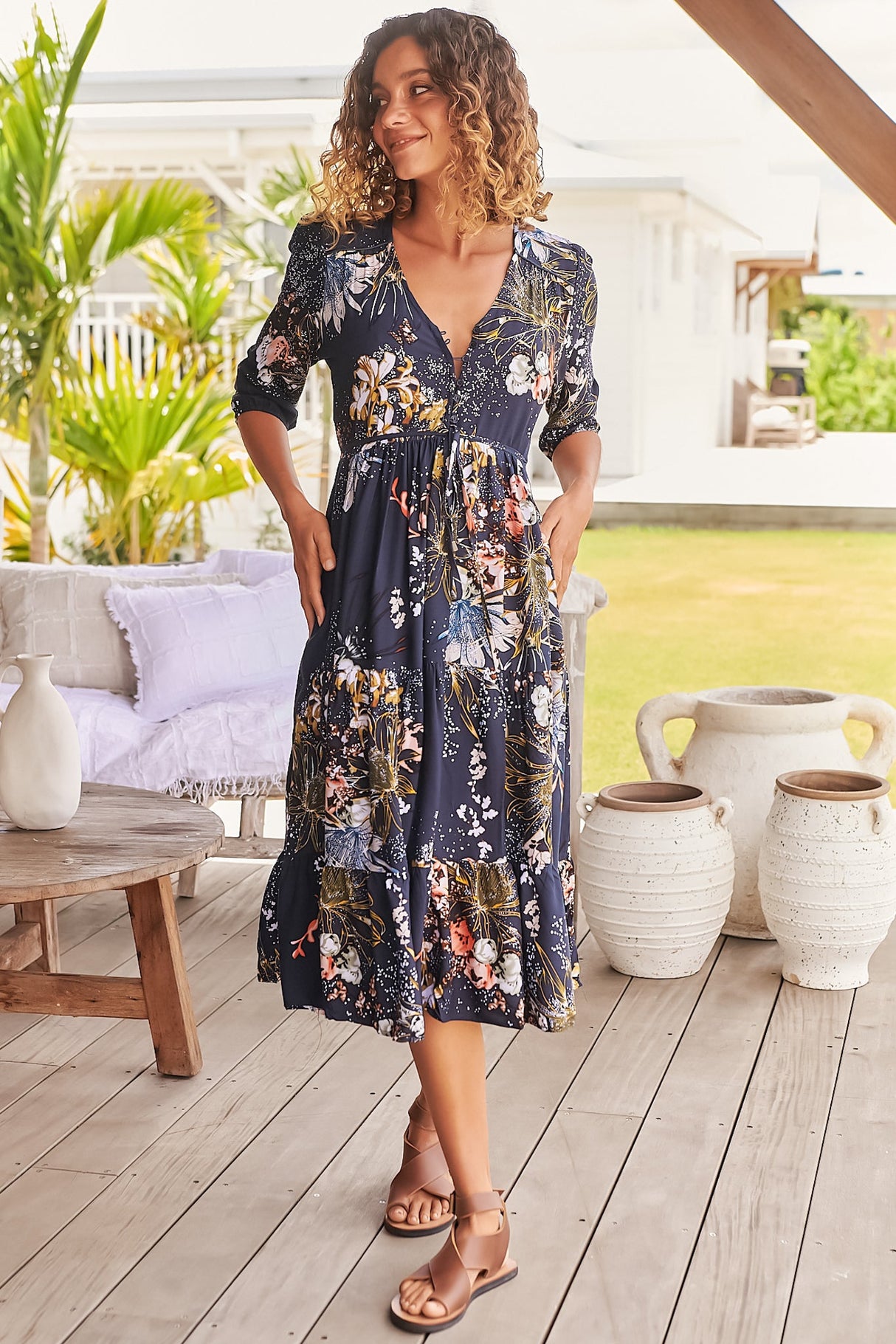 JAASE - Eve Midi Dress: V Neck Tiered Dress with Option Waist Tie in Indigo Print