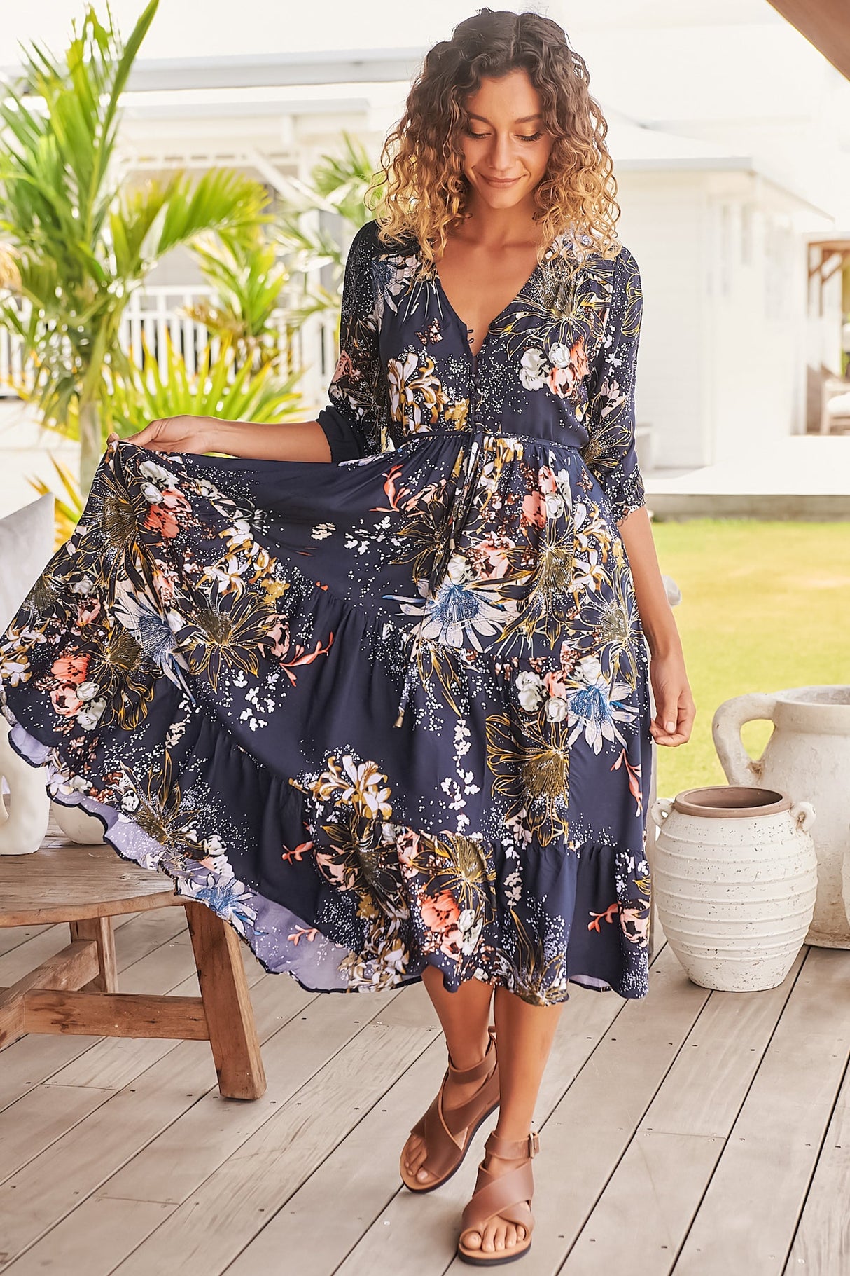 JAASE - Eve Midi Dress: V Neck Tiered Dress with Option Waist Tie in Indigo Print