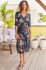 JAASE - Eve Midi Dress: V Neck Tiered Dress with Option Waist Tie in Indigo Print