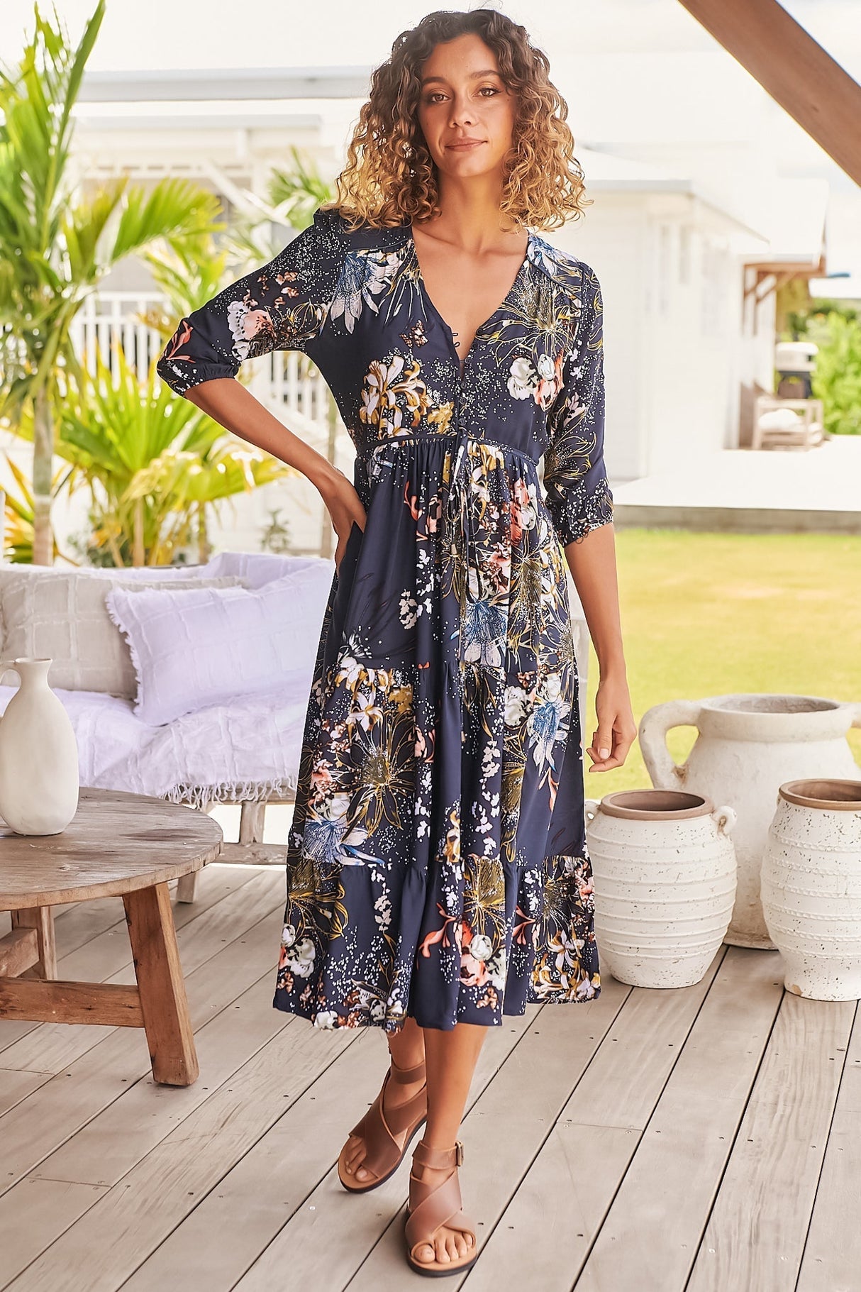 Eve Midi Dress - V Neck Tiered Dress with Optional Waist Tie in Indigo Print