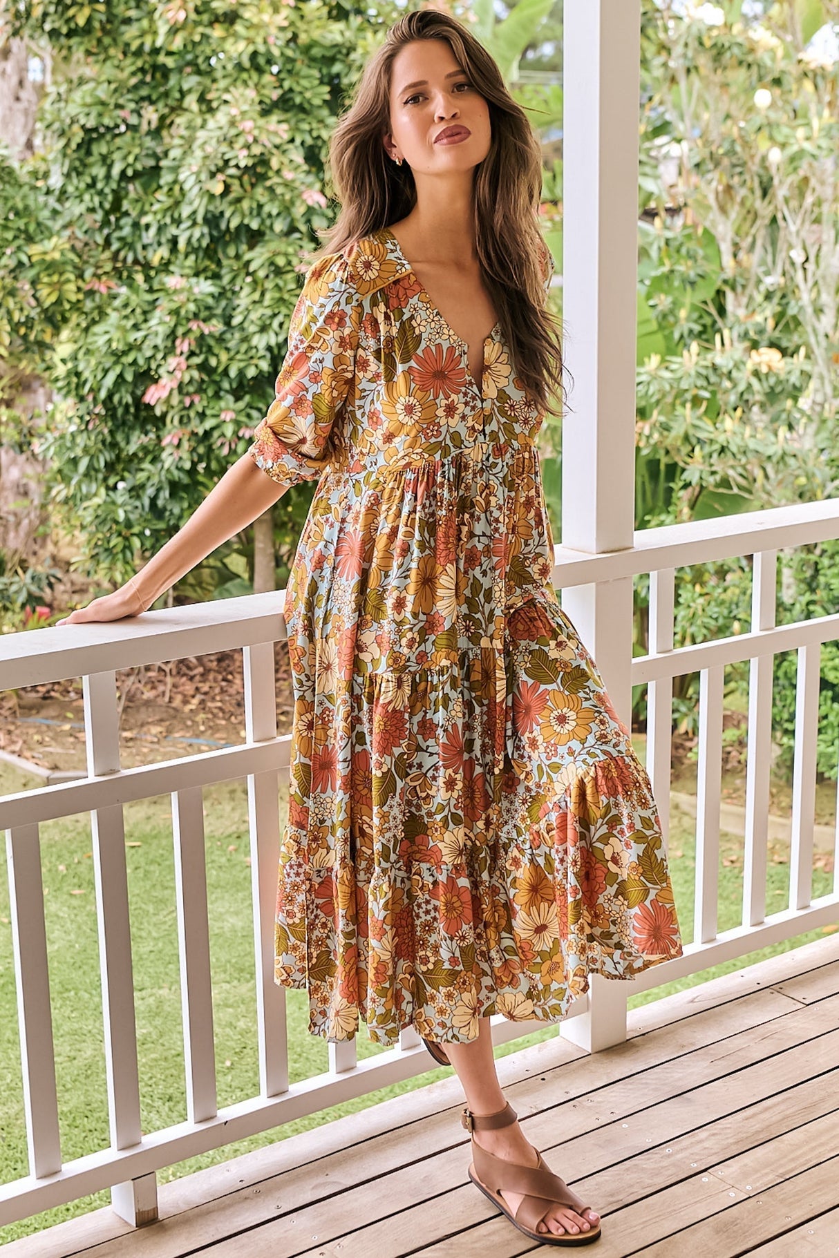 JAASE - Eve Midi Dress: V Neck Tiered Dress with Option Waist Tie in Mimosa Print