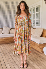 JAASE - Eve Midi Dress: V Neck Tiered Dress with Option Waist Tie in Mimosa Print