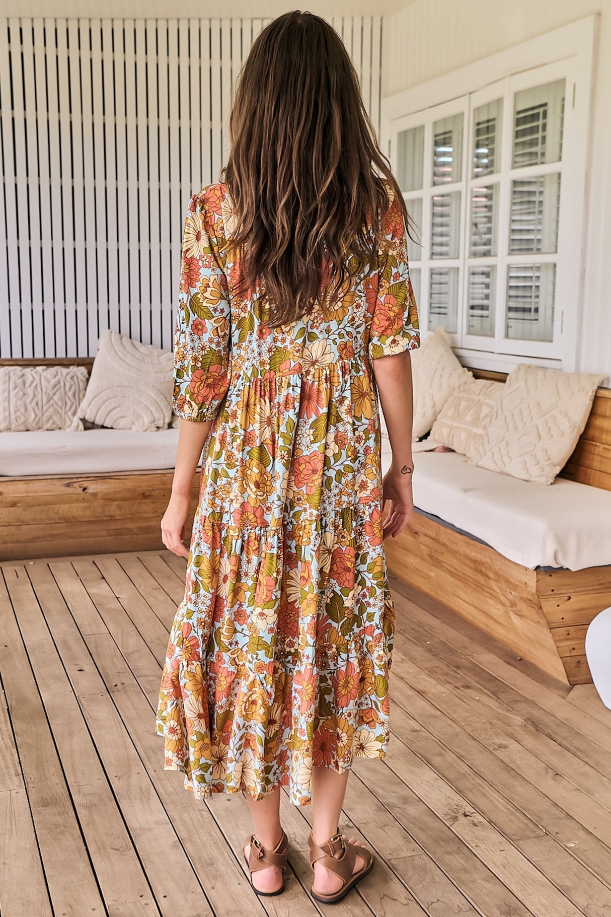 JAASE - Eve Midi Dress: V Neck Tiered Dress with Option Waist Tie in Mimosa Print