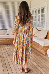 JAASE - Eve Midi Dress: V Neck Tiered Dress with Option Waist Tie in Mimosa Print