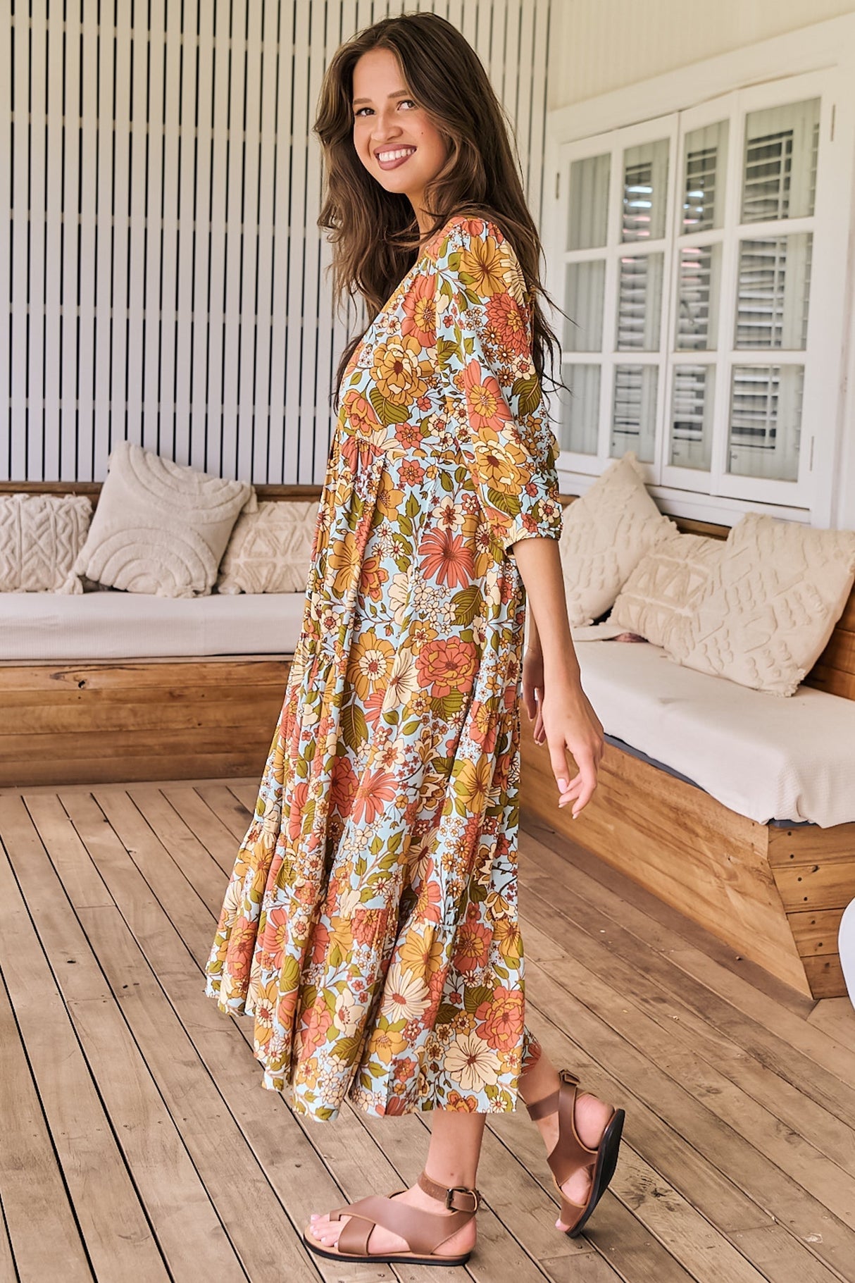 JAASE - Eve Midi Dress: V Neck Tiered Dress with Option Waist Tie in Mimosa Print