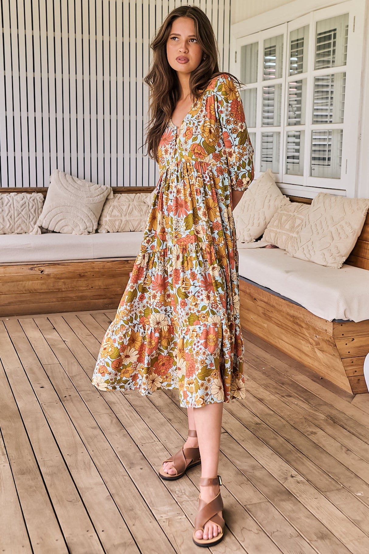 JAASE - Eve Midi Dress: V Neck Tiered Dress with Option Waist Tie in Mimosa Print