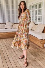 JAASE - Eve Midi Dress: V Neck Tiered Dress with Option Waist Tie in Mimosa Print