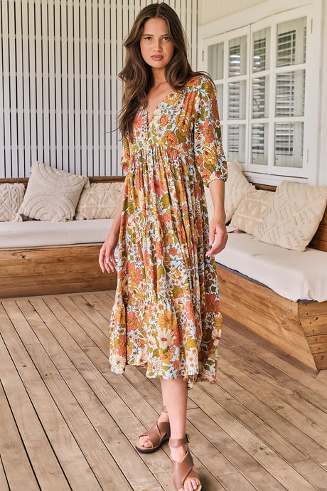 JAASE - Eve Midi Dress: V Neck Tiered Dress with Option Waist Tie in Mimosa Print