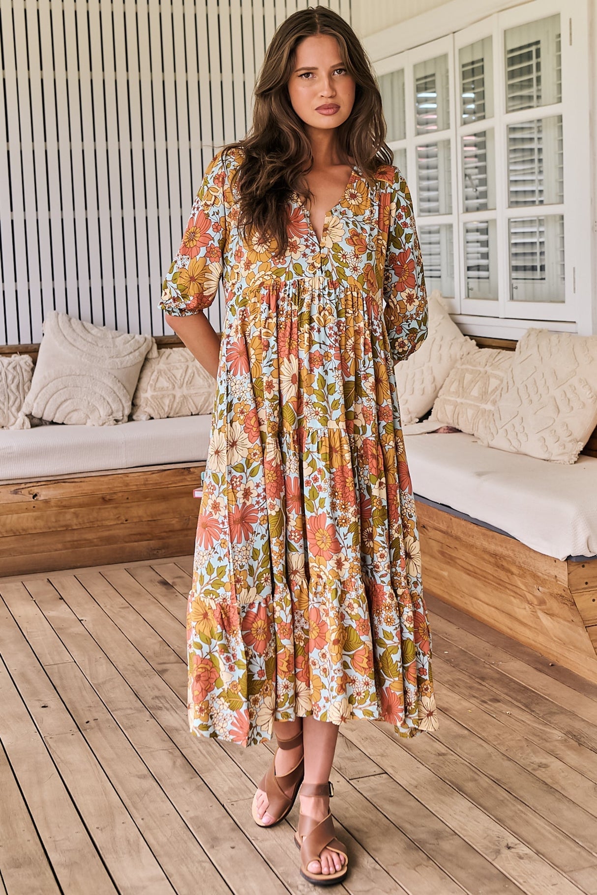 JAASE - Eve Midi Dress: V Neck Tiered Dress with Option Waist Tie in Mimosa Print