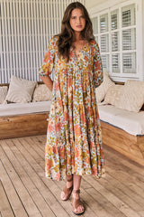 JAASE - Eve Midi Dress: V Neck Tiered Dress with Option Waist Tie in Mimosa Print