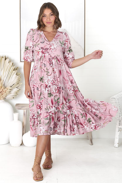 JAASE - Eve Midi Dress: V Neck Tiered Dress with Option Waist Tie in Pink Lotus Print