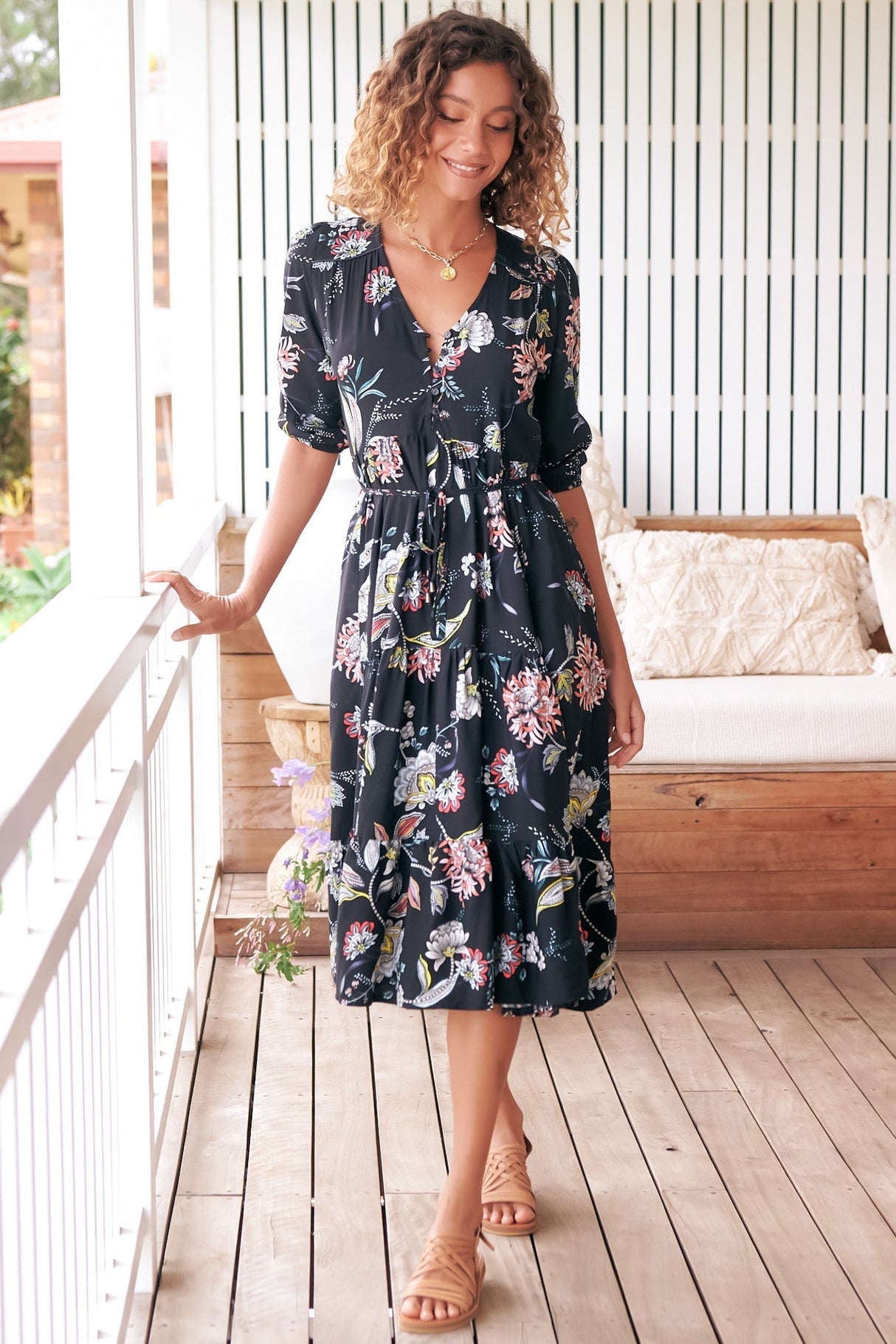 JAASE - Eve Midi Dress: V Neck Tiered Dress with Option Waist Tie in Under The Stars Print