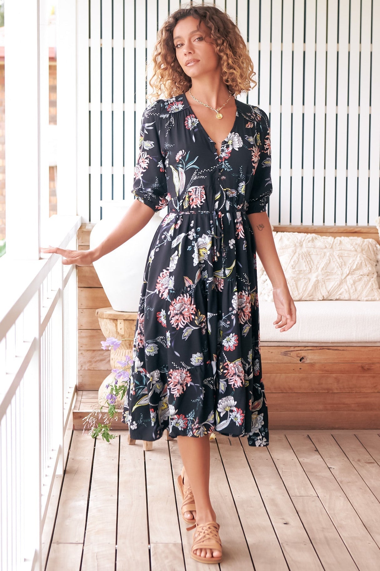 JAASE - Eve Midi Dress: V Neck Tiered Dress with Option Waist Tie in Under The Stars Print