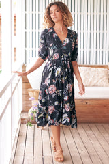 JAASE - Eve Midi Dress: V Neck Tiered Dress with Option Waist Tie in Under The Stars Print