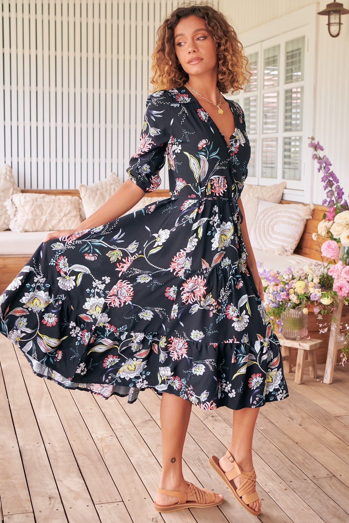 JAASE - Eve Midi Dress: V Neck Tiered Dress with Option Waist Tie in Under The Stars Print