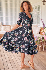 JAASE - Eve Midi Dress: V Neck Tiered Dress with Option Waist Tie in Under The Stars Print