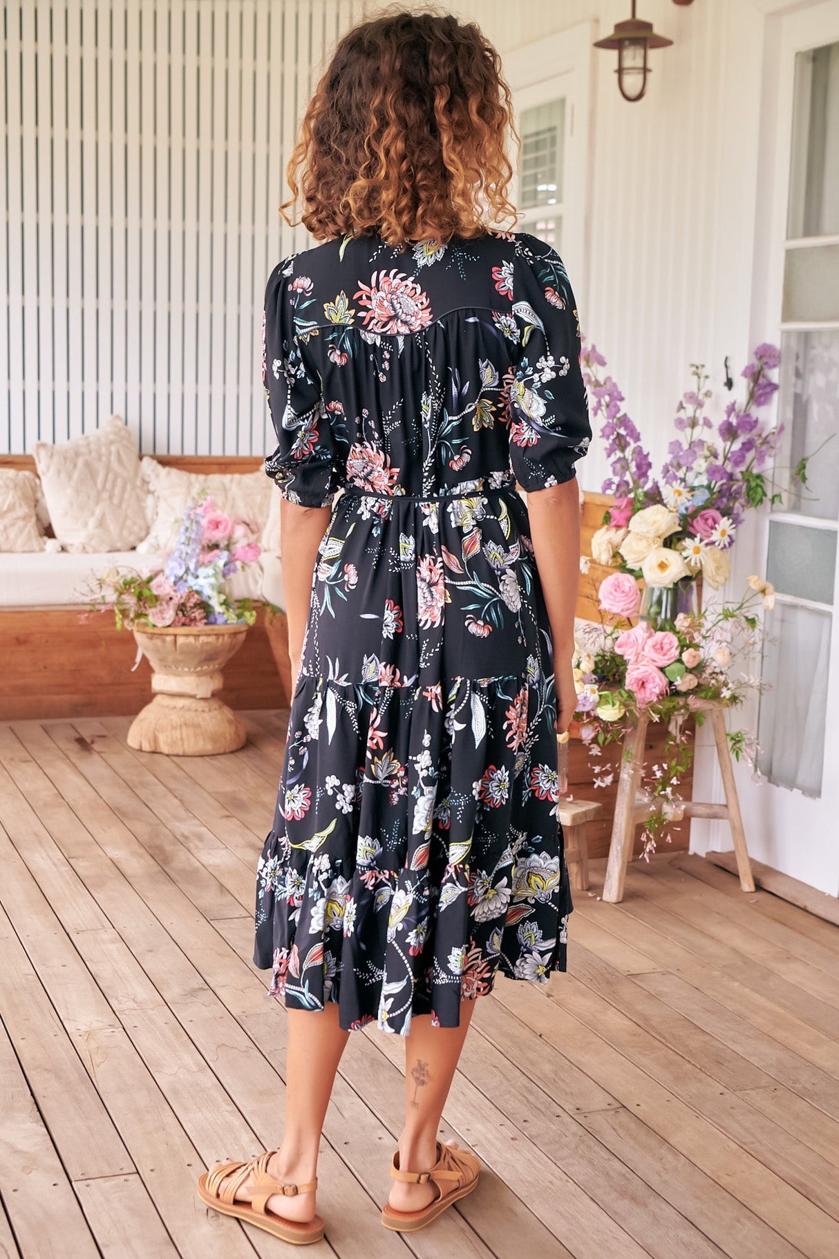 JAASE - Eve Midi Dress: V Neck Tiered Dress with Option Waist Tie in Under The Stars Print