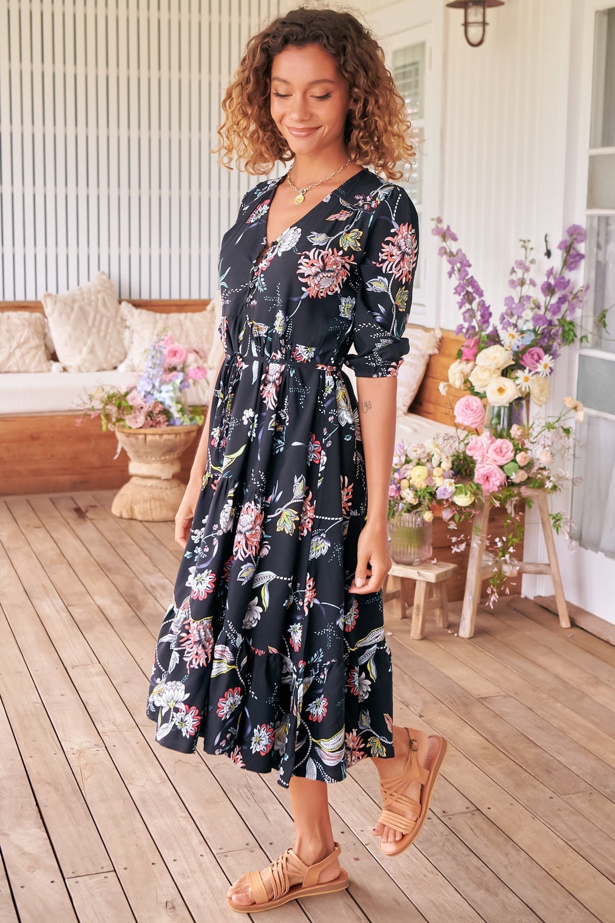 JAASE - Eve Midi Dress: V Neck Tiered Dress with Option Waist Tie in Under The Stars Print