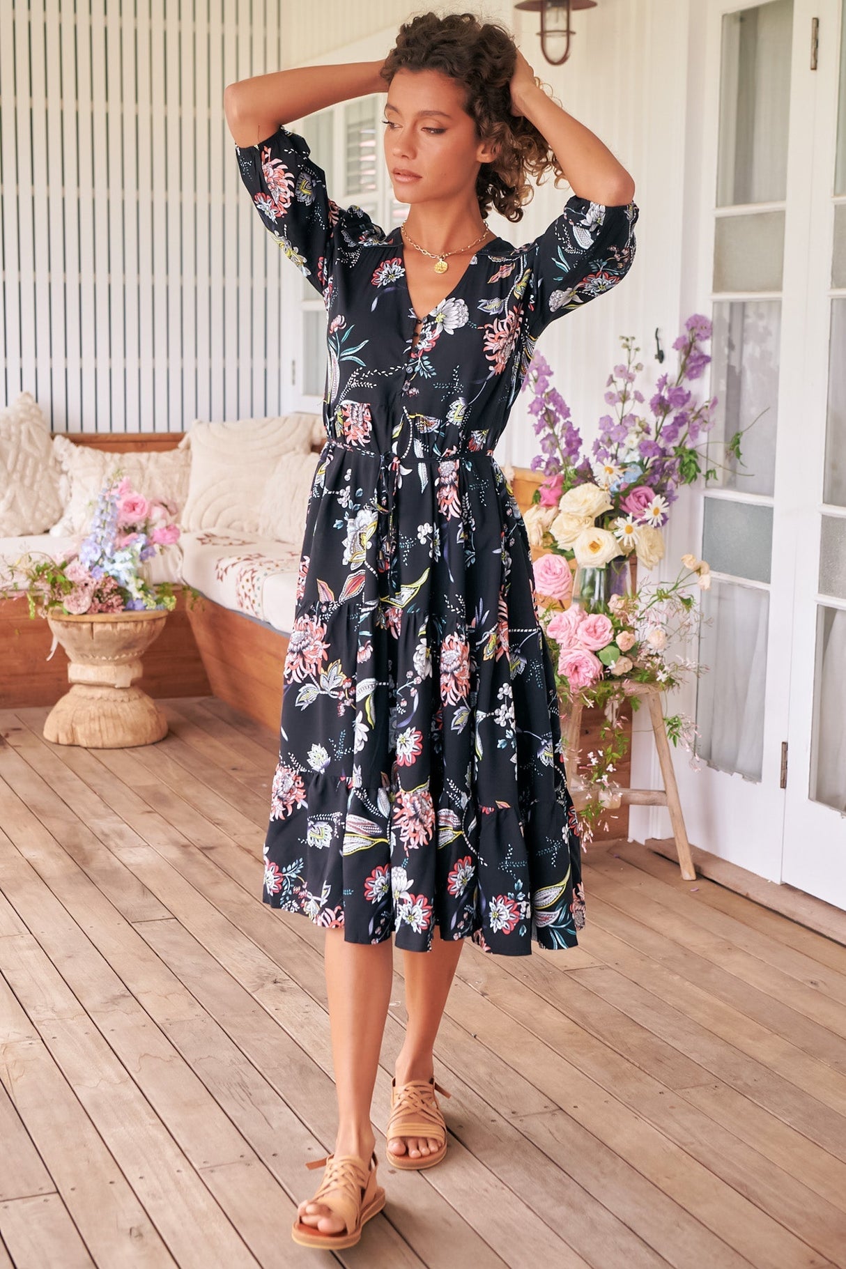 JAASE - Eve Midi Dress: V Neck Tiered Dress with Option Waist Tie in Under The Stars Print