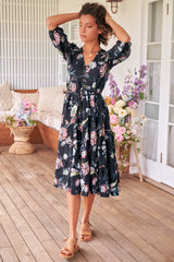 JAASE - Eve Midi Dress: V Neck Tiered Dress with Option Waist Tie in Under The Stars Print