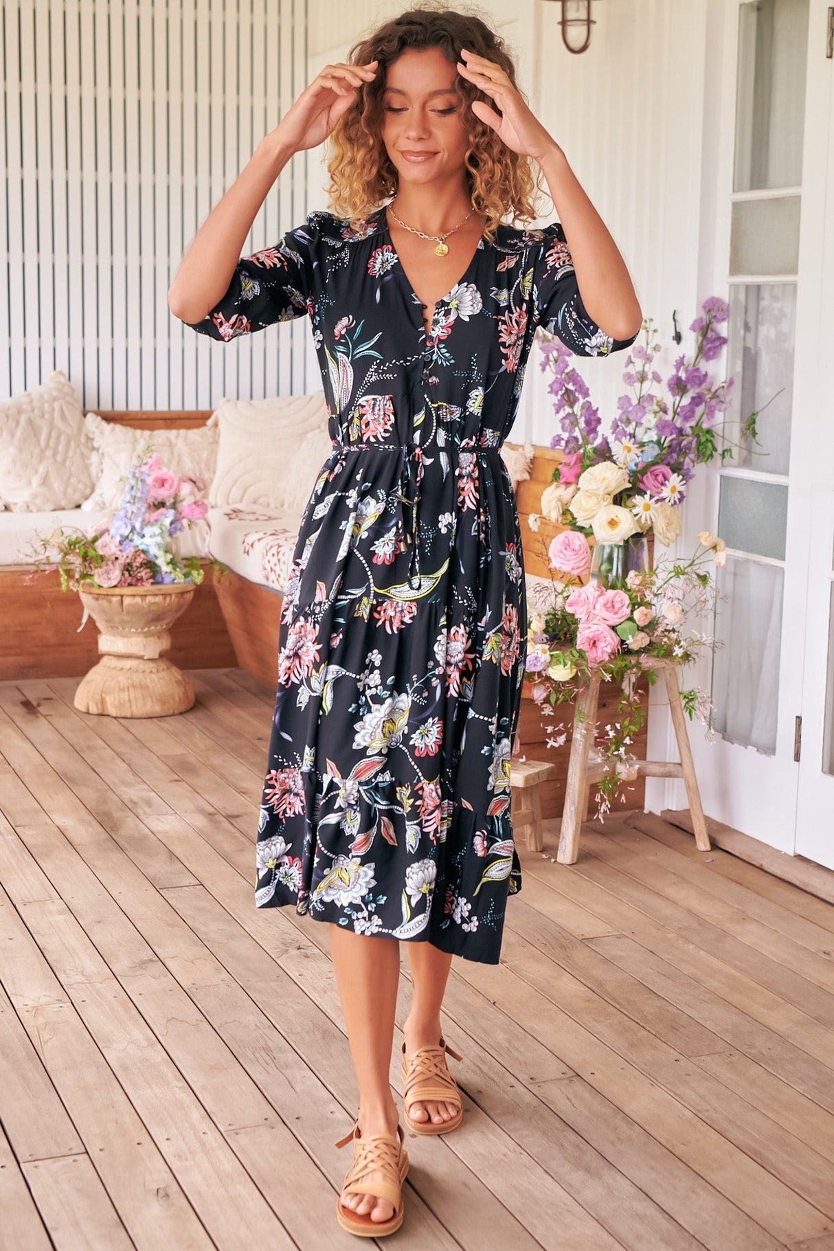 JAASE - Eve Midi Dress: V Neck Tiered Dress with Option Waist Tie in Under The Stars Print