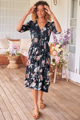 JAASE - Eve Midi Dress: V Neck Tiered Dress with Option Waist Tie in Under The Stars Print