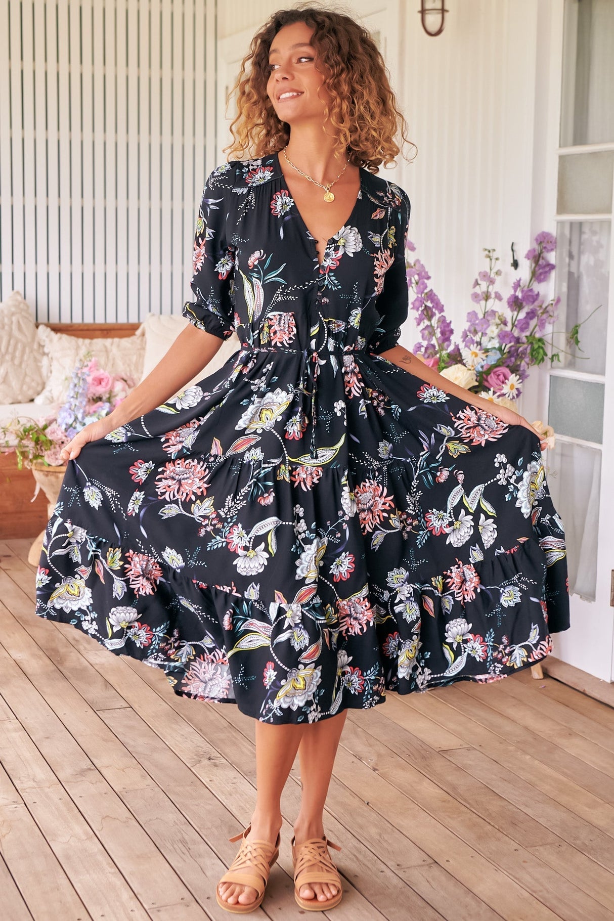 JAASE - Eve Midi Dress: V Neck Tiered Dress with Option Waist Tie in Under The Stars Print