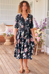 JAASE - Eve Midi Dress: V Neck Tiered Dress with Option Waist Tie in Under The Stars Print