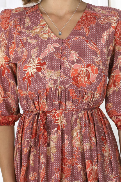 JAASE - Eve Midi Dress: V Neck Tiered Dress with Option Waist Tie in Ziggy Print