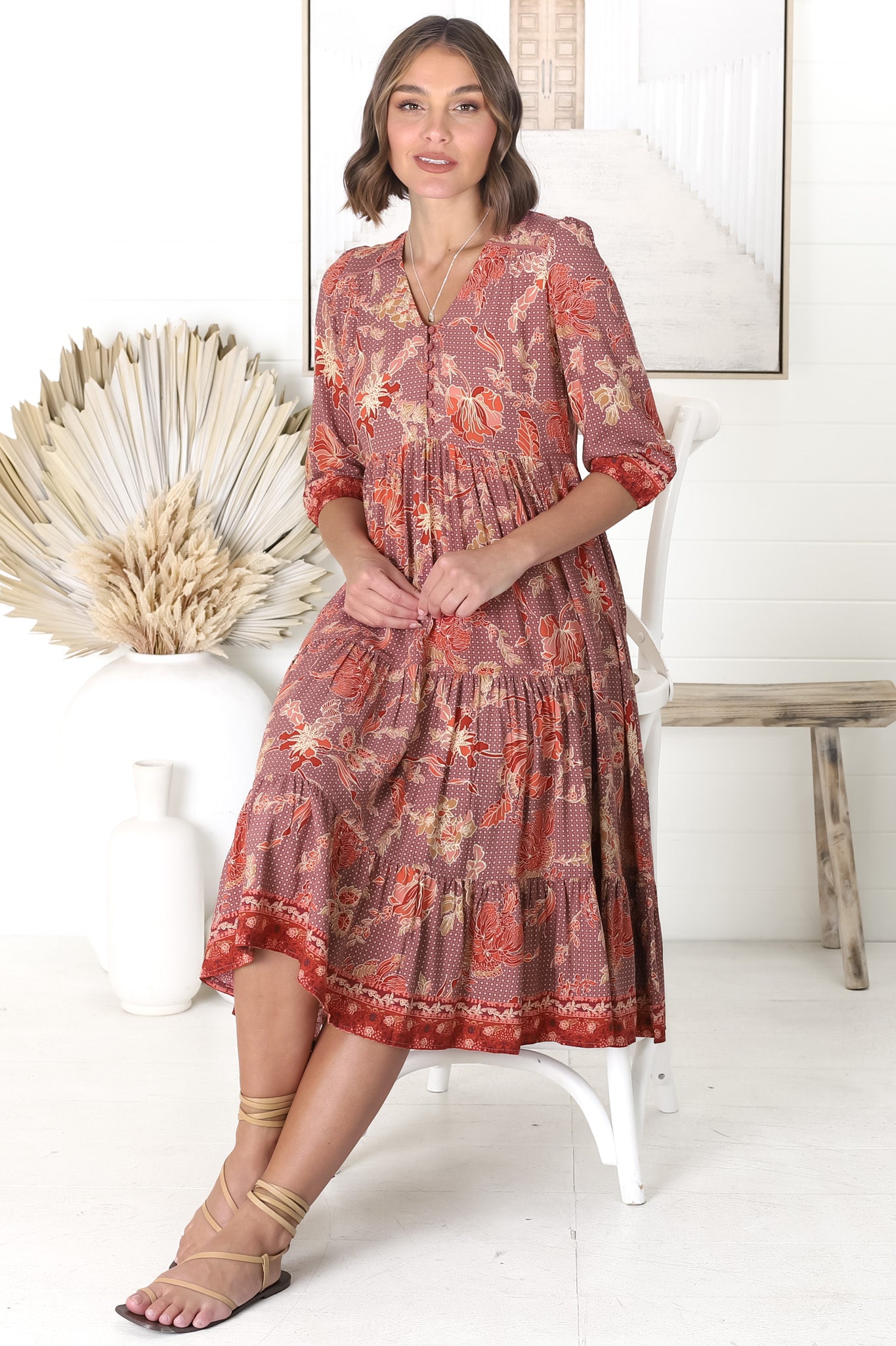 JAASE - Eve Midi Dress: V Neck Tiered Dress with Option Waist Tie in Ziggy Print