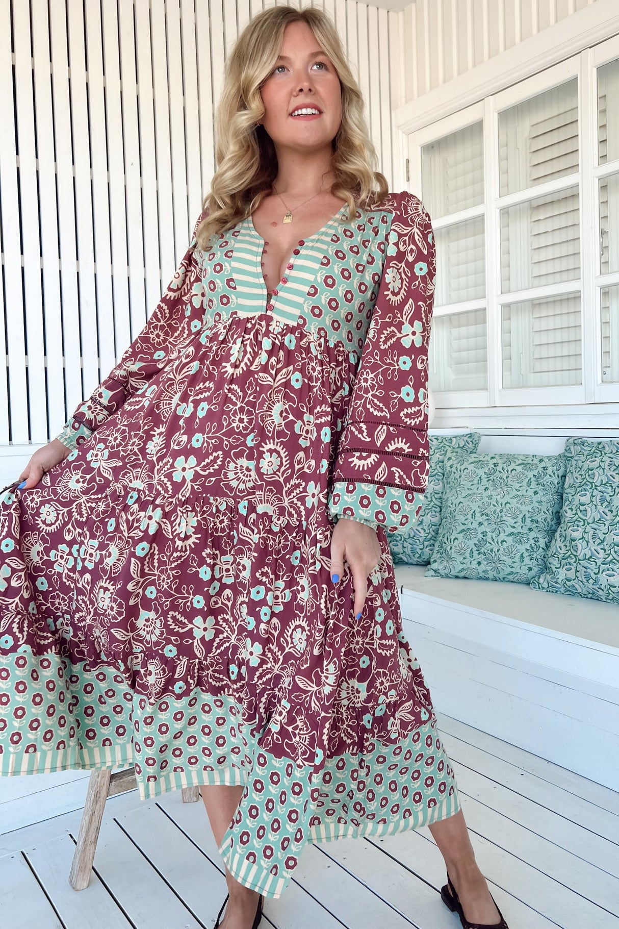 JAASE - Eve Midi Dress: V Neck Long Sleeve Tiered Dress with Option Waist Tie in Athena Print
