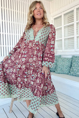 JAASE - Eve Midi Dress: V Neck Long Sleeve Tiered Dress with Option Waist Tie in Athena Print