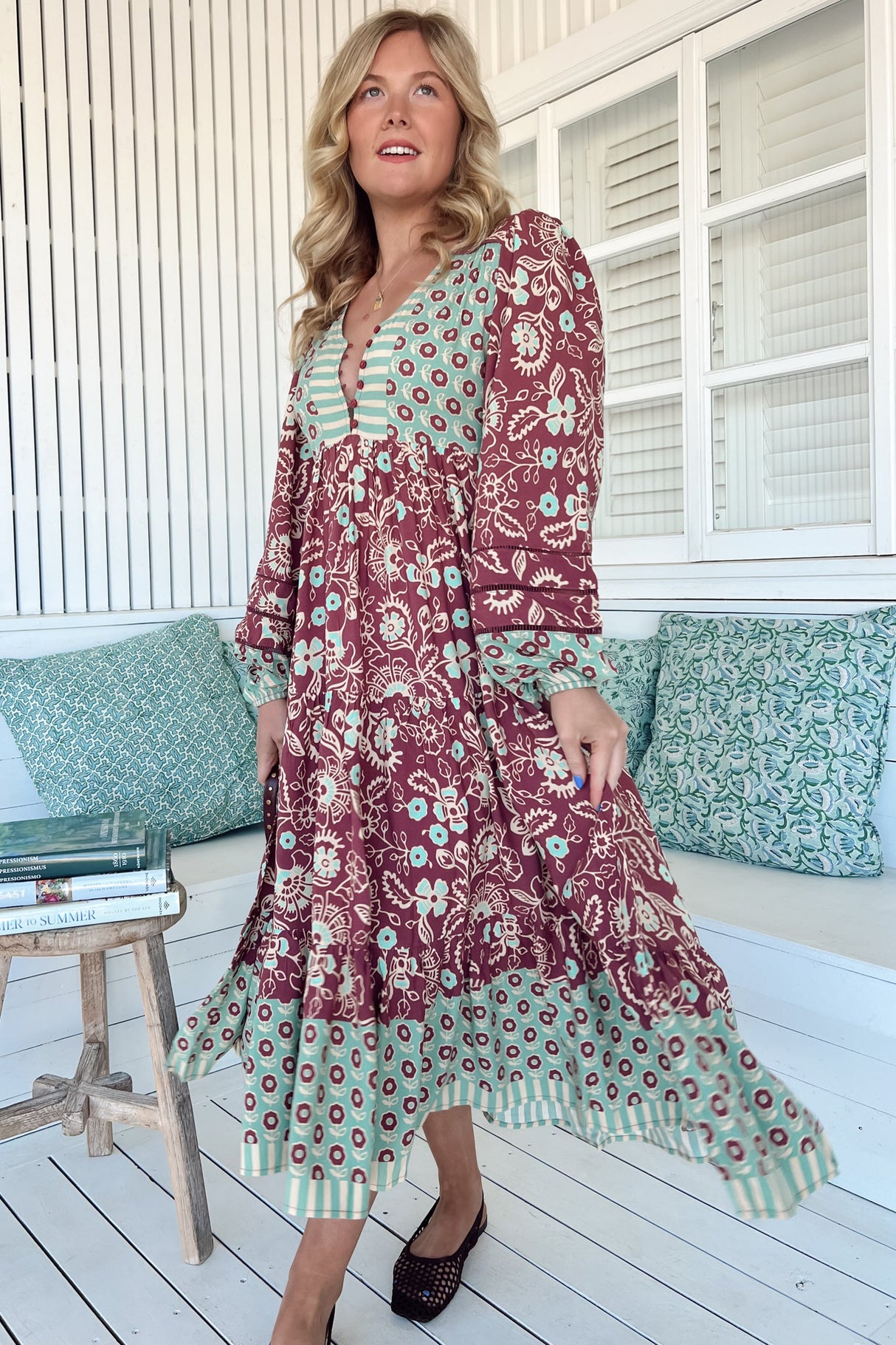 JAASE - Eve Midi Dress: V Neck Long Sleeve Tiered Dress with Option Waist Tie in Athena Print