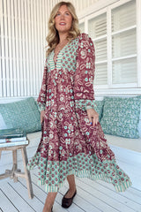 JAASE - Eve Midi Dress: V Neck Long Sleeve Tiered Dress with Option Waist Tie in Athena Print