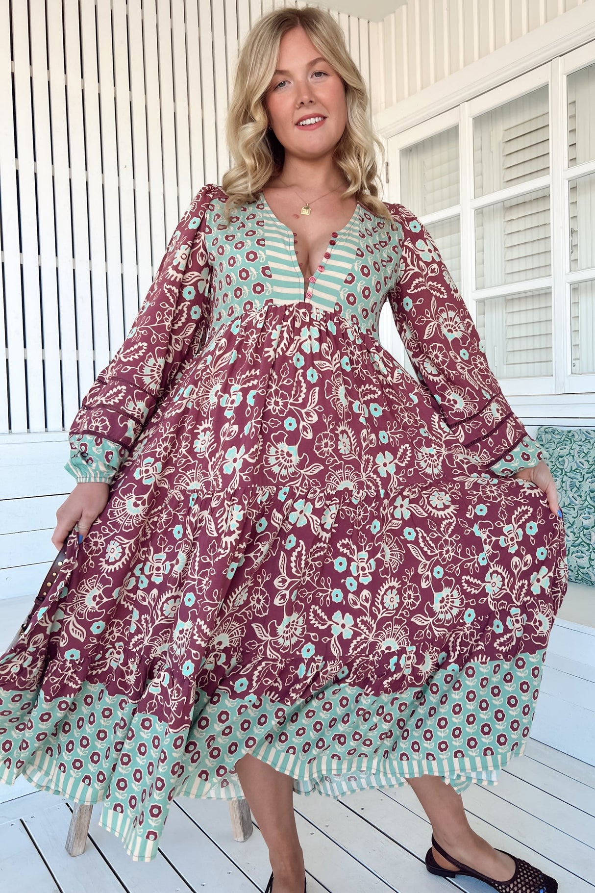 JAASE - Eve Midi Dress: V Neck Long Sleeve Tiered Dress with Option Waist Tie in Athena Print