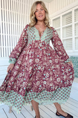 JAASE - Eve Midi Dress: V Neck Long Sleeve Tiered Dress with Option Waist Tie in Athena Print
