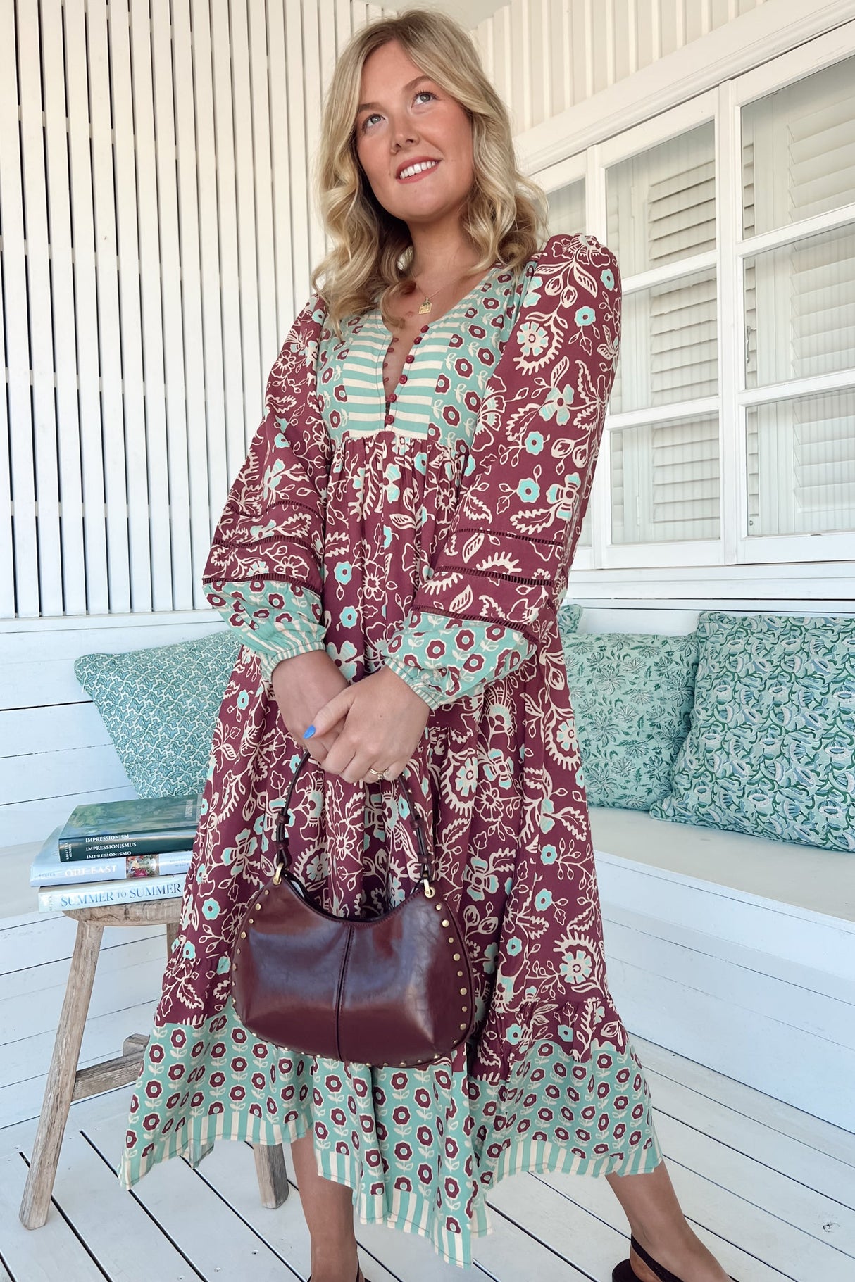 JAASE - Eve Midi Dress: V Neck Long Sleeve Tiered Dress with Option Waist Tie in Athena Print