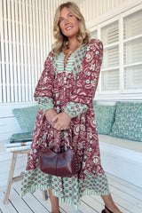 JAASE - Eve Midi Dress: V Neck Long Sleeve Tiered Dress with Option Waist Tie in Athena Print