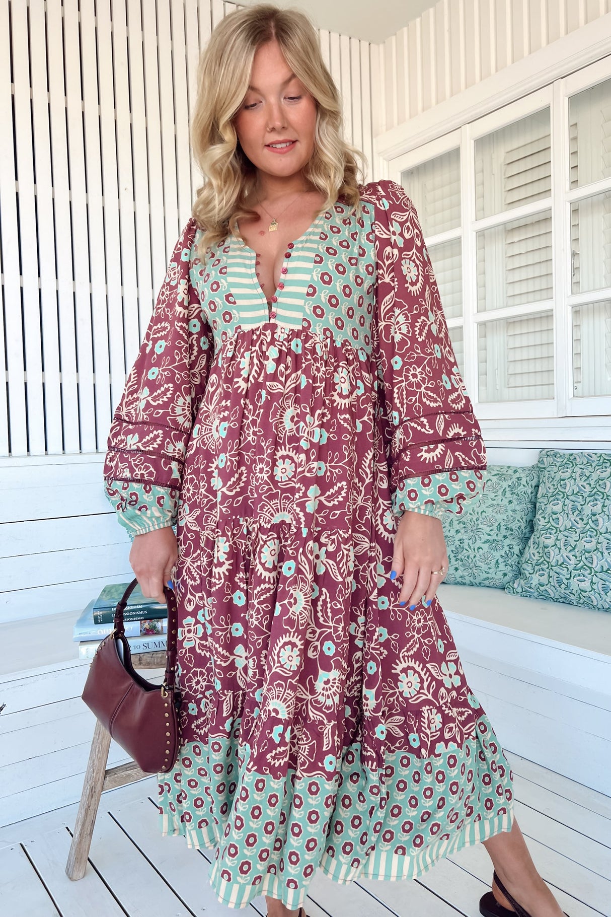 JAASE - Eve Midi Dress: V Neck Long Sleeve Tiered Dress with Option Waist Tie in Athena Print