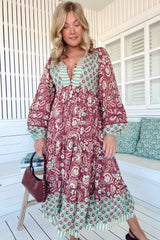 JAASE - Eve Midi Dress: V Neck Long Sleeve Tiered Dress with Option Waist Tie in Athena Print