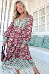 JAASE - Eve Midi Dress: V Neck Long Sleeve Tiered Dress with Option Waist Tie in Athena Print