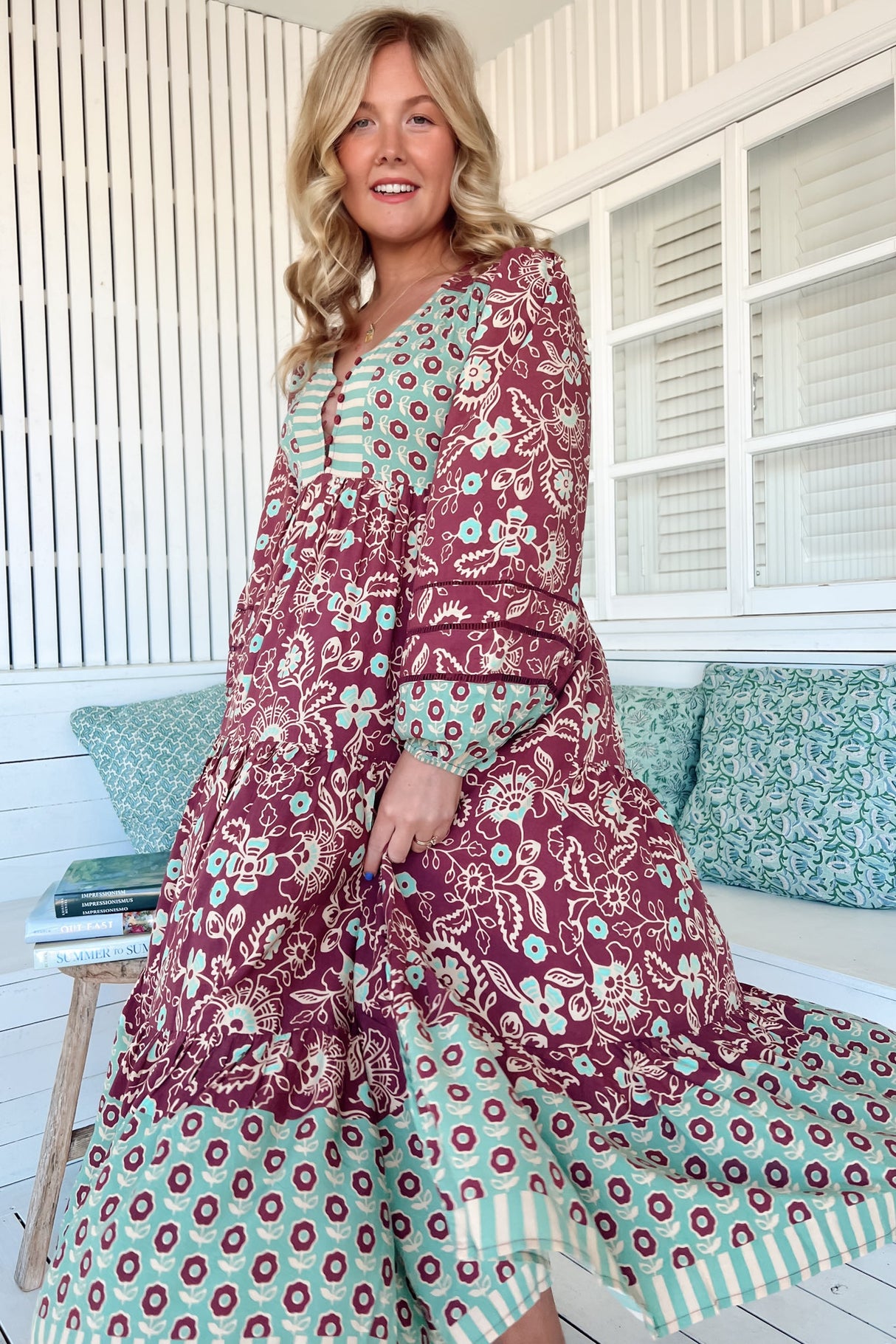JAASE - Eve Midi Dress: V Neck Long Sleeve Tiered Dress with Option Waist Tie in Athena Print