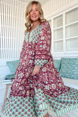 JAASE - Eve Midi Dress: V Neck Long Sleeve Tiered Dress with Option Waist Tie in Athena Print