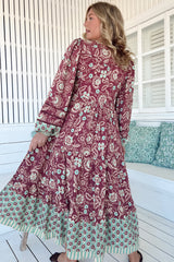 JAASE - Eve Midi Dress: V Neck Long Sleeve Tiered Dress with Option Waist Tie in Athena Print