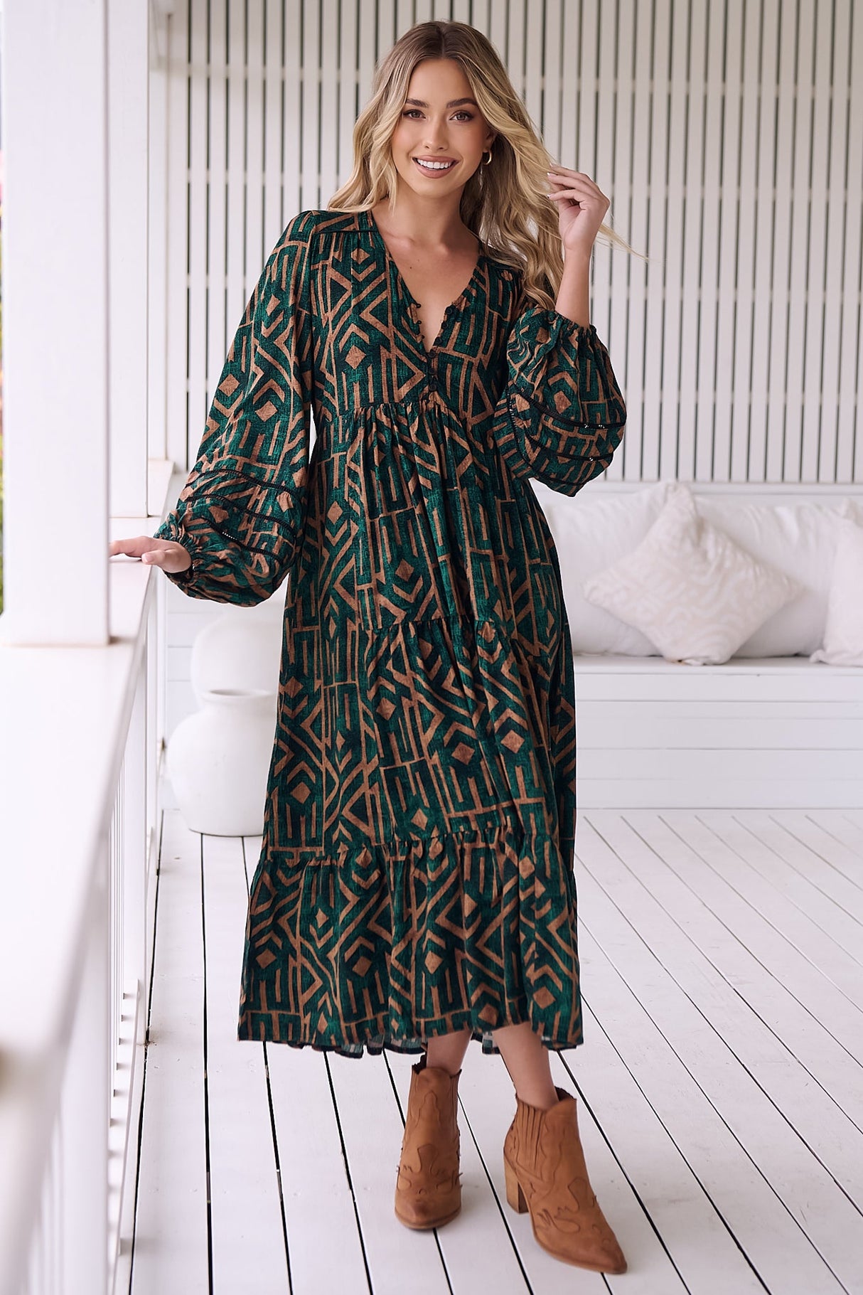 Eve Midi Dress - V Neck Tiered Dress with Long Sleeves in Emerald Print