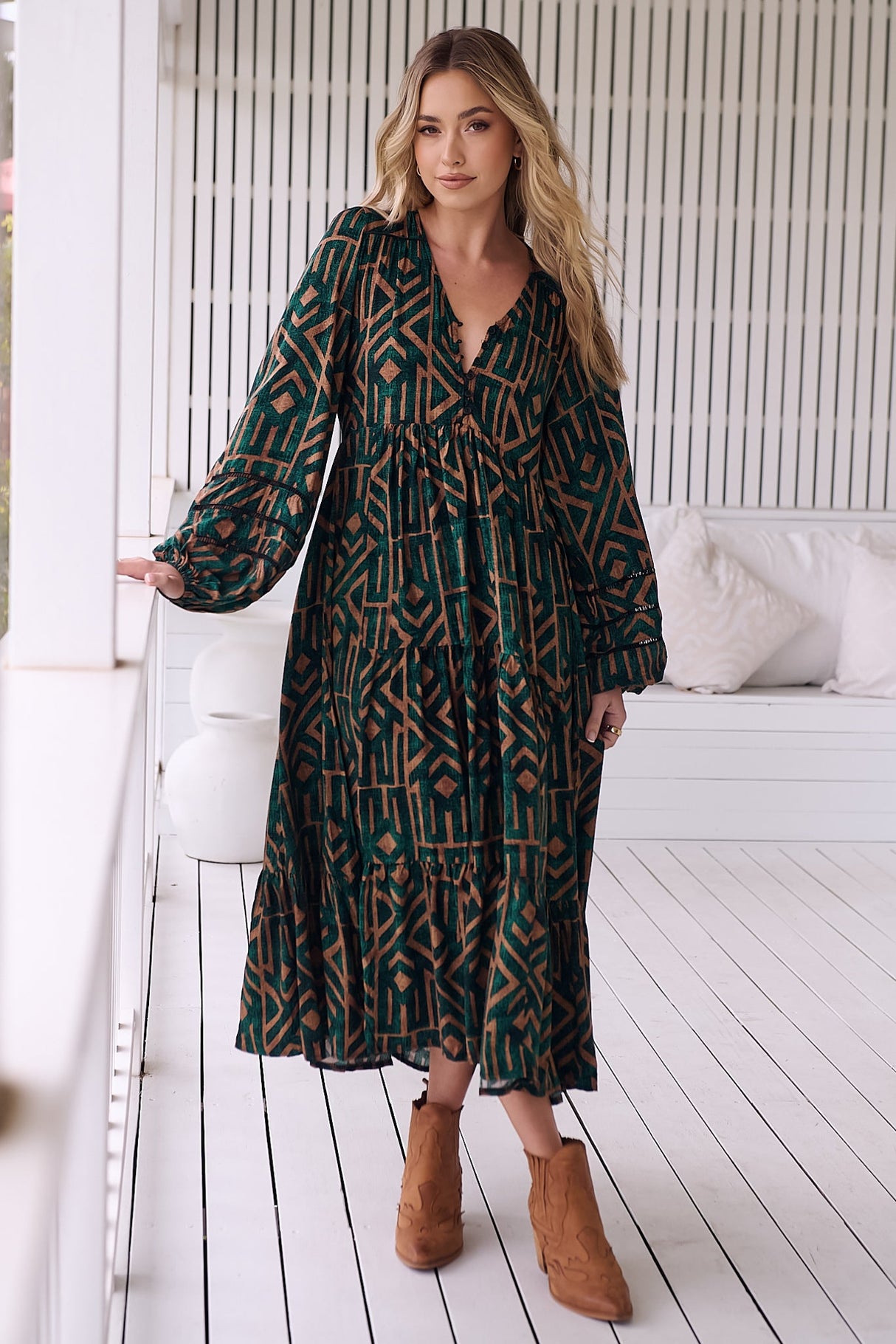 Eve Midi Dress - V Neck Tiered Dress with Long Sleeves in Emerald Print