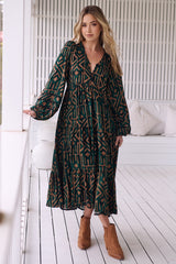 JAASE - Eve Midi Dress: V Neck Tiered Dress with Long Sleeves in Emerald Print